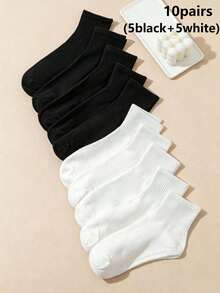 1/10 Pairs Women's Black & White Solid Color Short Socks, Comfortable Breathable Minimalist Casual Women's Socks, Moisture-Wicking, Couple Style, Suitable For Daily Wear, Home, Office, School, Sports, All Seasons - Black and White - View 7