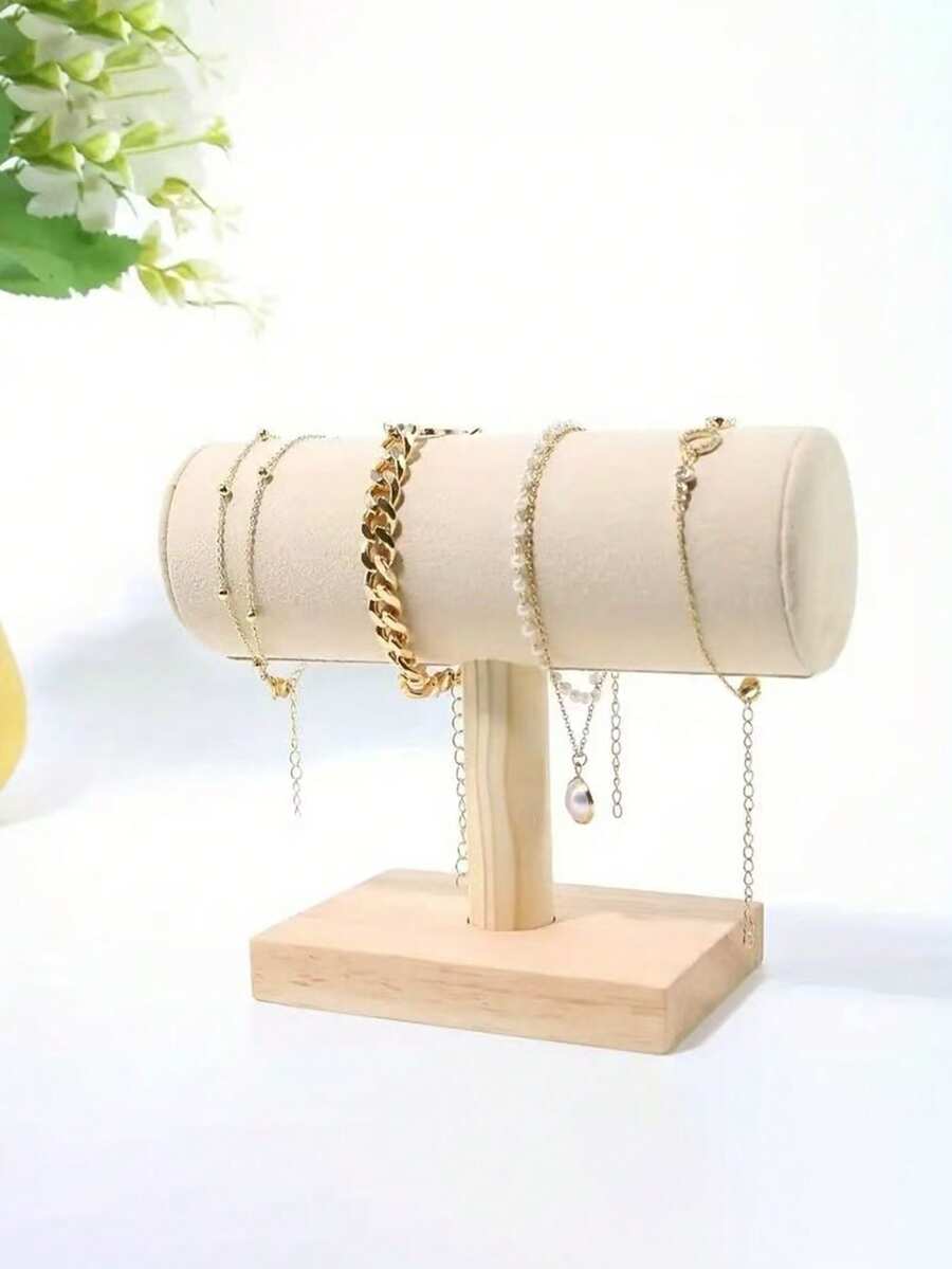 1pc Bracelet Display Stand - 10cm Wide Square Solid Wood Base (Stable & Non-Wobbling), Ultra-Fine Fiber Cloth Surface (Soft & Non-Slip, Can Hold Multiple Bracelets), Suitable For Home Jewelry Storage Decoration, Vanity Accessories - Beige - View 1