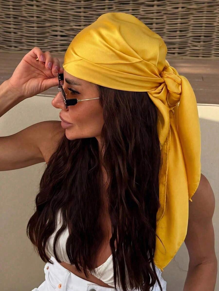 1pc Women's Casual Pure Gold Satin Headscarf/Square Scarf, Minimalist Spring/Summer Hair Accessory Scarf, Suitable For Vacation, Beach Party, Street Fashion, Music Festival, Hawaii Vacation, - Multicolor - View 1