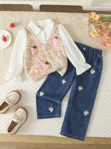2pcs/Set Toddler Girls Fashion Cute Design 2 In 1 Patchwork Shirt Collar Long Sleeve Sweatshirt Top And Strawberry Print Blue Denim Straight Leg Pants Outfit - Pink - View 2