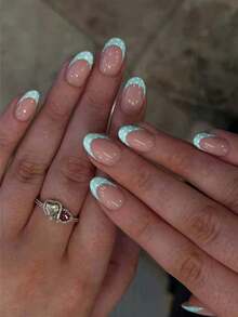 24 Peças/Conjunto Adesivos de Unhas Falsas Curtas Ovais Azuis com Design de Poá Francês da Moda, Cobertura Total, Suprimentos de Manicure, Adequado para Mulheres de Escritório, Festas e Uso Diário, Adesivos de Unhas Falsas de Cobertura Total + 1 Peça de Cola de Gelatina + 1 Peça de Lixa de Unha - Multicolorido - Visão 1