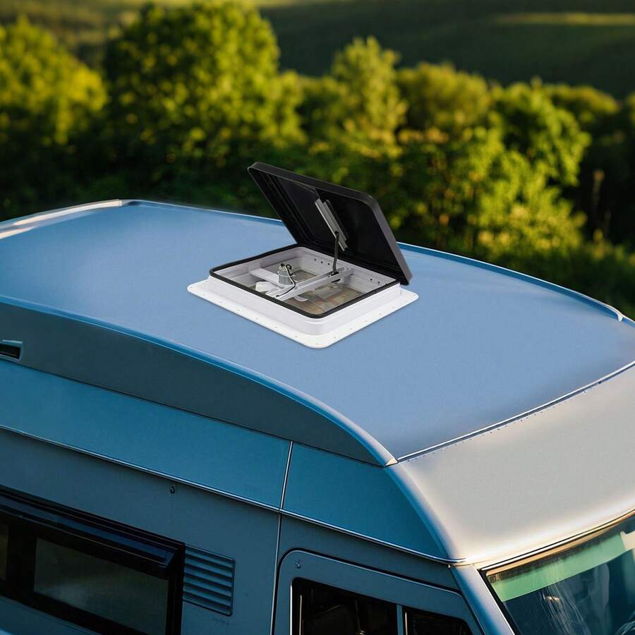 Oblò di ventilazione da tetto 42*42 cm per camper e roulotte con controllo della ventola a un pulsante, traspirante, con zanzariera, resistente all'invecchiamento e ai raggi UV, oblò universale quadrato adatto per aperture del tetto di 14x14 pollici, copertura scorrevole a spinta. - A - Visualizzare 1