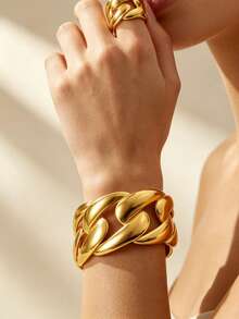 VceTd 1PC Women's Vintage Style Stainless Steel Open Cuff Bracelet With Large Chain Link Twisted Hollow Design, Suitable For Daily Wear, Vacation Or Holiday Gift For Friends - Yellow Gold - View 6