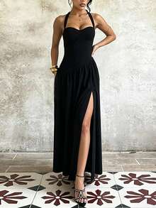 Women's Summer Black Halter Neck Waist-Cinching Patchwork Split Hem Dress, Suitable For Party, Date - Black - View 2