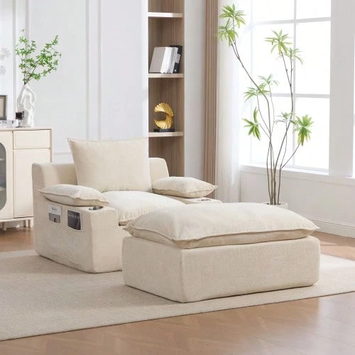 Chenille Relax Chair Chaise Longue, Vacuum Packed With 4 Cushions - Beige - View 1
