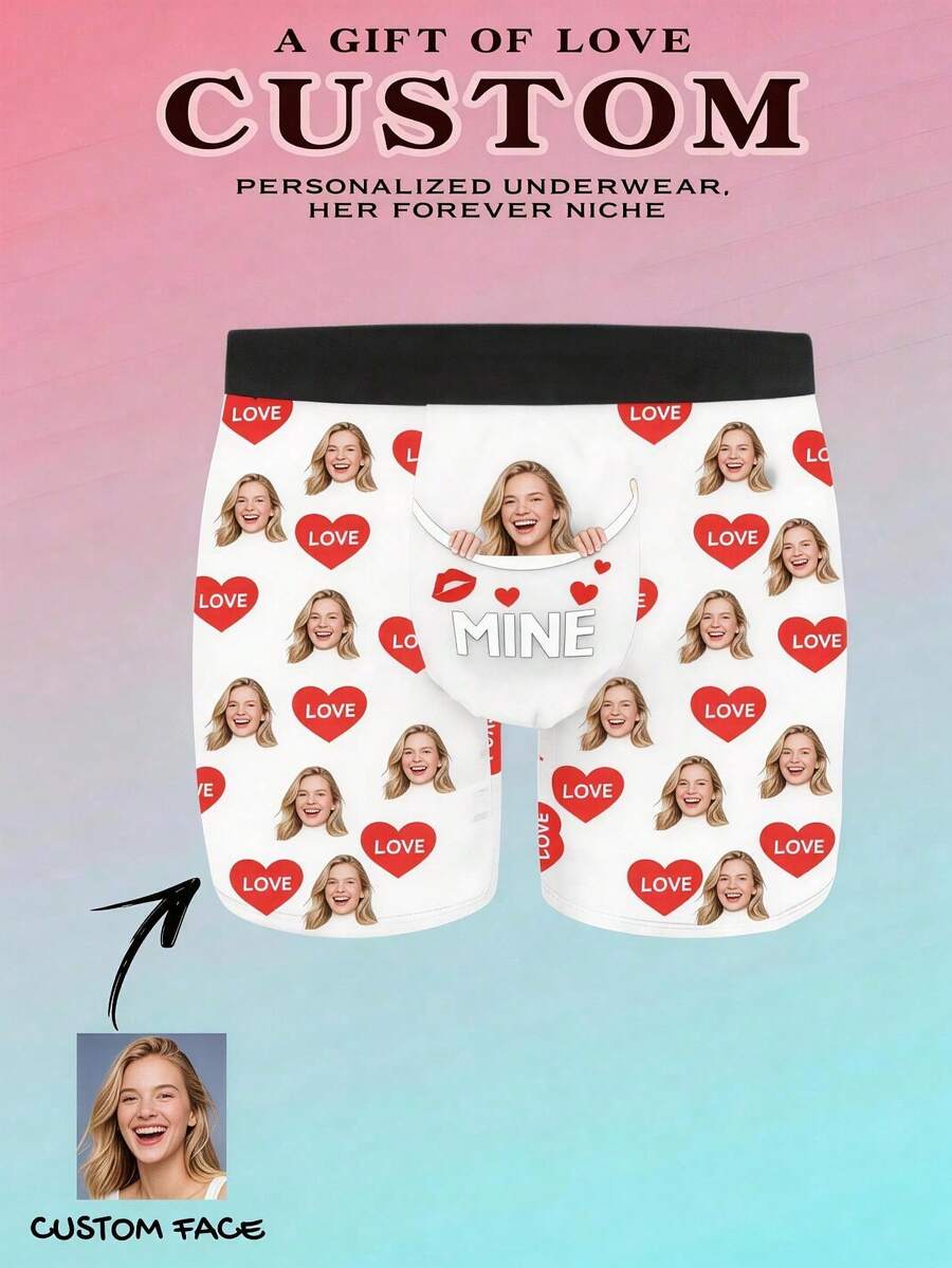1pc Customized Face & "MINE" Print Men's Boxer Briefs, Personalized Photo Underwear, Funny "Girlfriend's Property" Gag Gift For Him - White - View 1