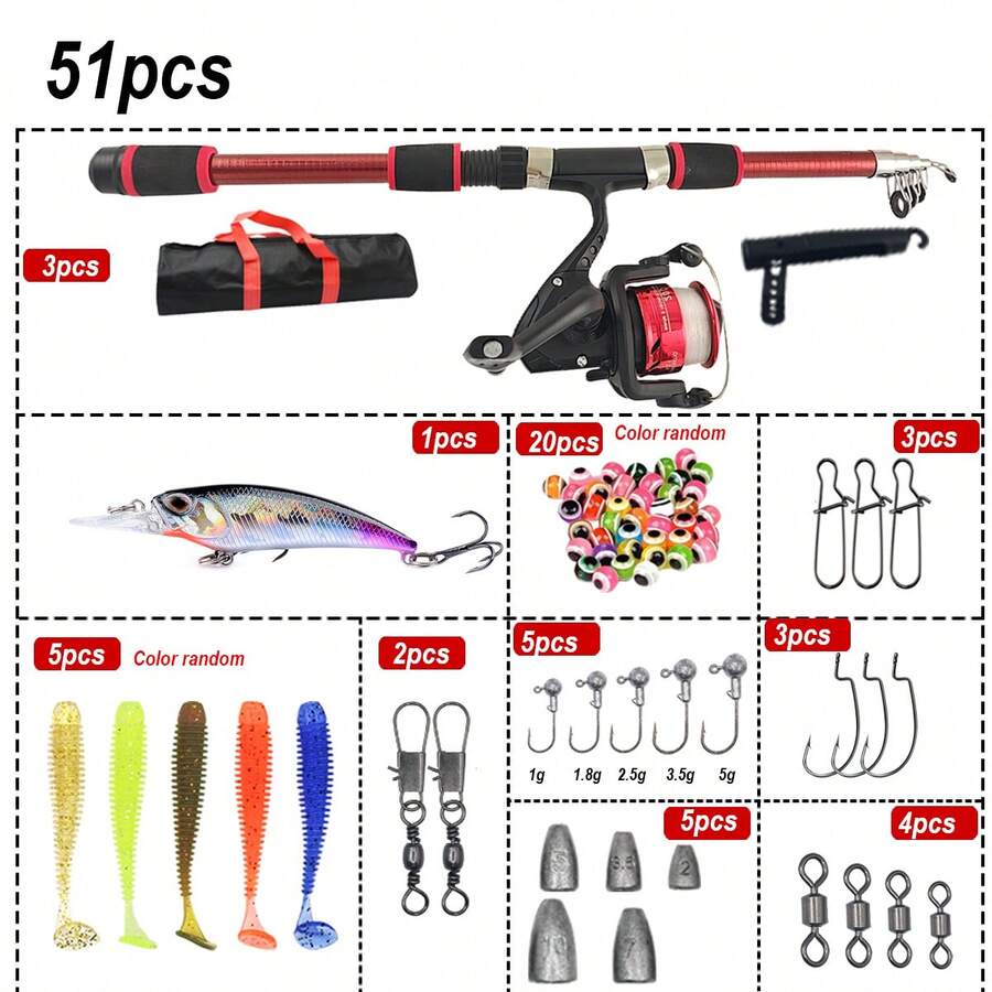 Fishing Rod Set, Includes Telescopic Fishing Rod, Spinning Reel, Bait, Fishing Hooks, Travel Fishing Rod Set - Multicolor - View 1