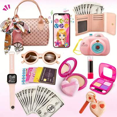 Girls Makeup Pretend Play Set, Princess Role Play Toy Kit Includes Realistic Makeup Toys, Watch, Phone, Projector Camera, Keys, Glasses, Bank Card, Accessories, Suitable For 3-8 Years Old Girls, Christmas & Birthday Gift For 3-5, 4-6, 6-8 Years Old