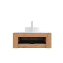 DINA 36" Bathroom Vanity&Sink, Floating Curved Edges Striped Bathroom Storage Cabinet With Drawer, White Round Ceramic Basin&Carrara White Artificial Marble Top, Pre-Assembled, Natural Woodgrain Color-XY316924 - 1 - View 4
