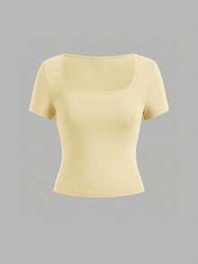 Kaos Lengan Pendek Leher U Kasual Minimalis Terbaru untuk Musim Panas, Serbaguna dan Cocok untuk Atasan Wanita - Kuning - View 2