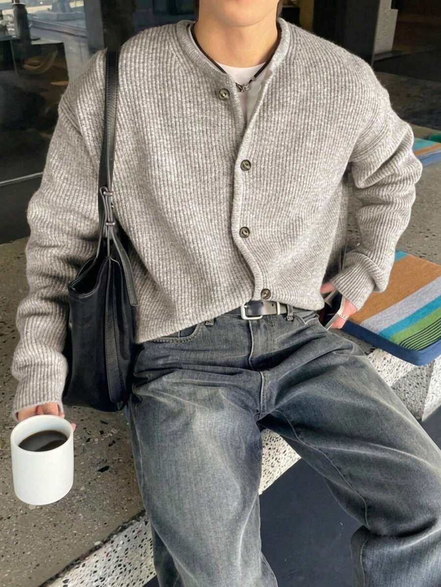 男女款休闲宽松罗纹圆领长袖开衫,简约风格,秋冬 - 灰色 - 查看 1