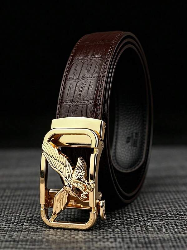 Eagle Embossed Alloy Automatic Buckle Belt, 1.38in/3.5cm Wide Crocodile Pattern Embossed Belt, Suitable For Father's Day Gift, Daily Commute Belt.