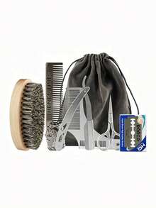 Juego de 6 piezas de herramientas profesionales para corte de cabello, navaja recta/peine/tijeras/cuchillas, adecuado para recortar barba y cejas de hombres, regalo del Día del Padre - Maquinilla de afeitar de seguridad + cuchillas - Ver 1