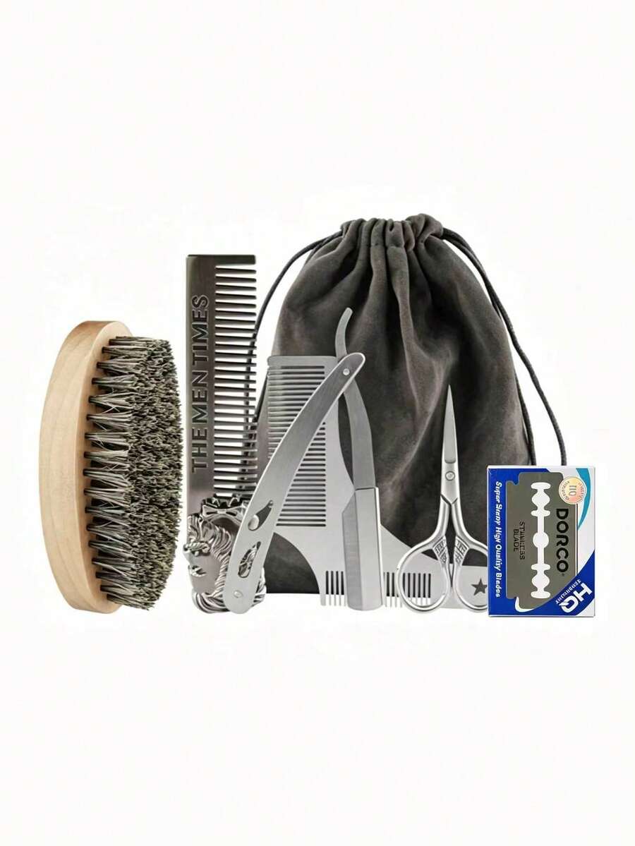 Juego de 6 piezas de herramientas profesionales para corte de cabello, navaja recta/peine/tijeras/cuchillas, adecuado para recortar barba y cejas de hombres, regalo del Día del Padre - Maquinilla de afeitar de seguridad + cuchillas - Ver 1
