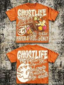 Men's Y2K Tee -American Street & "GHOSTLIFE" Hip-Hop Figureg Raphic T Shirt, Loose Retro Fit,Suitable For Young Men And Women To Wear For Casual - 橘色 - 查看 1