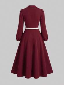 Elegant Women's Colorblock Cinched Waist Lapel Long Sleeve Mid-Length Dress, Front Button Long Sleeve Design, With Belt Red - Red - View 6