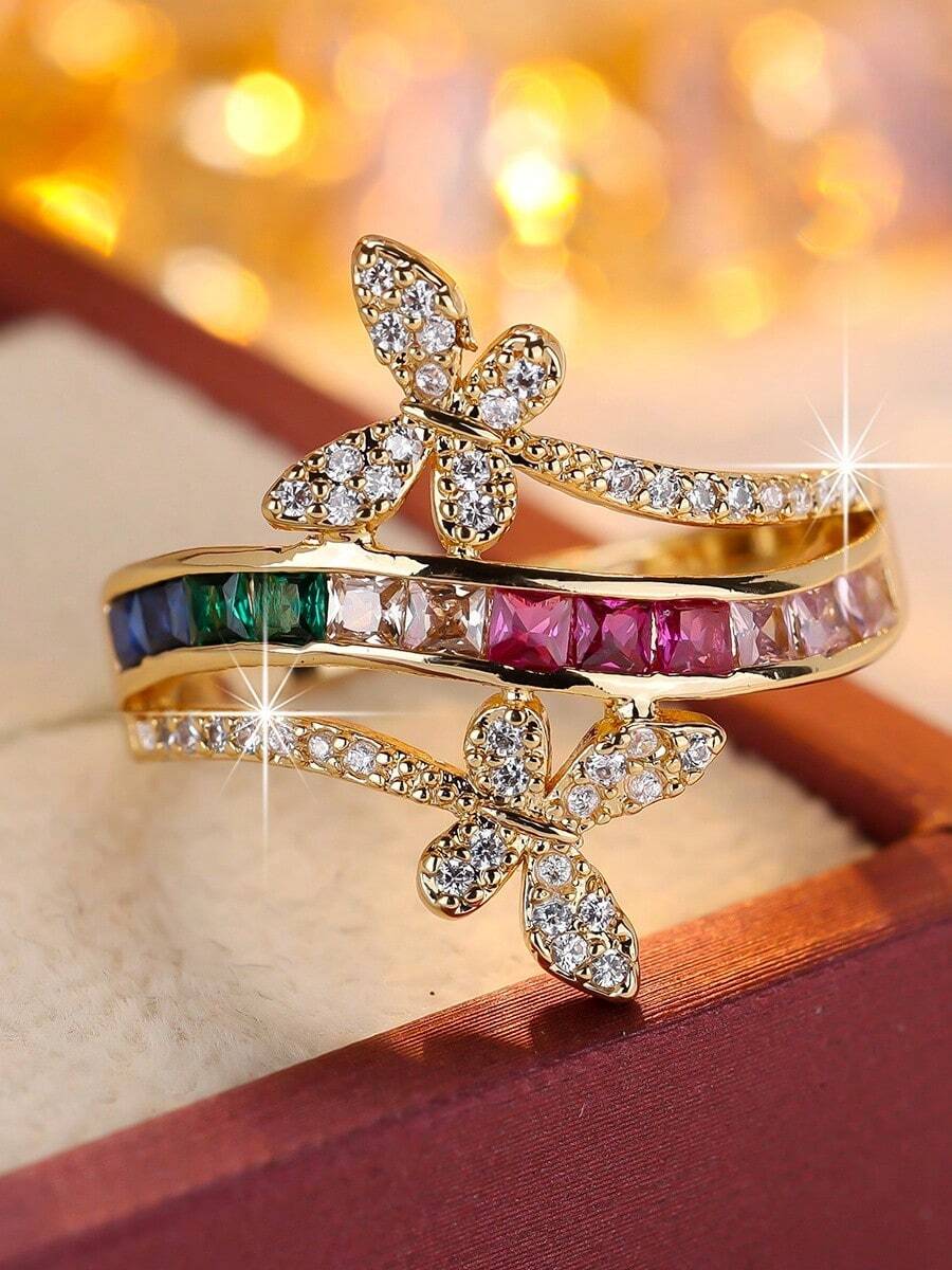 1pc Double Layer Intertwined Double Butterfly Ring, Luxury Women's Daily, Date, Party Colorful Finger Ring - ring - View 1