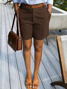 Summer Back-To-School Solid Color Slant Pocket Casual Shorts Brown - Brown - View 4