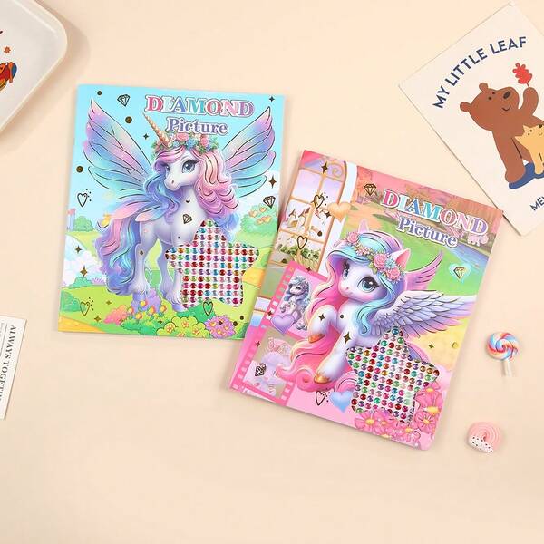 1 Set Diamond Painting Coloring Book 10 Coloring Pages + 10 Diamond Painting Pages + 1 Diamond Sticker, Unicorn, Cat, Fairy, Suitable For Various Pictures, Diamond Stickers And Painting Book Connected By Hook And Loop, Convenient For Storage