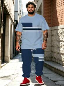 Men's Street Casual Minimalist Series "Color Block Design & Patchwork Lines" Pattern Sports Set - Polyester Knit Fabric, Round Neck Design, Drawstring Cuffed Pants, Pocket Details, Regular Fit, Suitable For Plus Size - Royal Blue - View 1