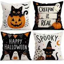4pcs Black Cat Ghost Halloween Text Pattern Single-Sided Printed Pillow Covers/Cushion Covers, Multi-Scene Atmosphere Decorative Pillow Covers Suitable For Living Room, Sofa, Bedroom, Pillow Inserts Not Included - Multicolor - View 2
