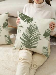 shangxia 1PC--Morandi Olive Green Hand-Painted Palm Leaf Print Pillowcase, Cream White Background Ink Brush Tropical Monstera Leaf Pattern Cushion, Living Room Wabi-Sabi Cream Style Soft Decor Pillow--(Pillow Insert Not Included)---(Multiple Sizes)---(No Embroidery)---(Single-Sided Print) - Multicolor - View 3