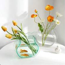 1pc Vase Fish Tank, Home Hydroponic Aquarium, Living Room Transparent Goldfish Tank, Small Landscape Desktop, Nordic INS Asymmetrical Wavy Edge Transparent, Creative Dual-Use High-Transparency Glass Goldfish Betta Fish Small Landscape Tank, Office Home Desktop Decor, Home Floral Arrangement Hydroponic Decoration - Clear - View 2