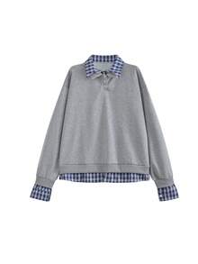 Women's 2 In 1 Plaid Patchwork Long Sleeve Sweatshirt, Loose Casual Collared Top - Grey - View 5
