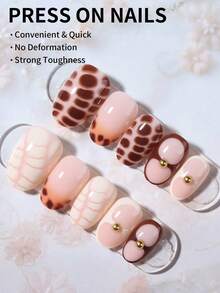 24pcs Y2K Short Oval Leopard & Brown French Tip Acrylic Press-On Nails, Gold Pearl Design, Perfect Fit Fake Nail Set, Includes 1pc Jelly Glue And 1pc Nail File, Suitable For Women And Girls Daily And Party Use - Multicolor - View 2