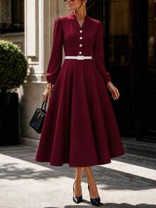 Elegant Women's Colorblock Cinched Waist Lapel Long Sleeve Mid-Length Dress, Front Button Long Sleeve Design, With Belt Red - Red - View 4