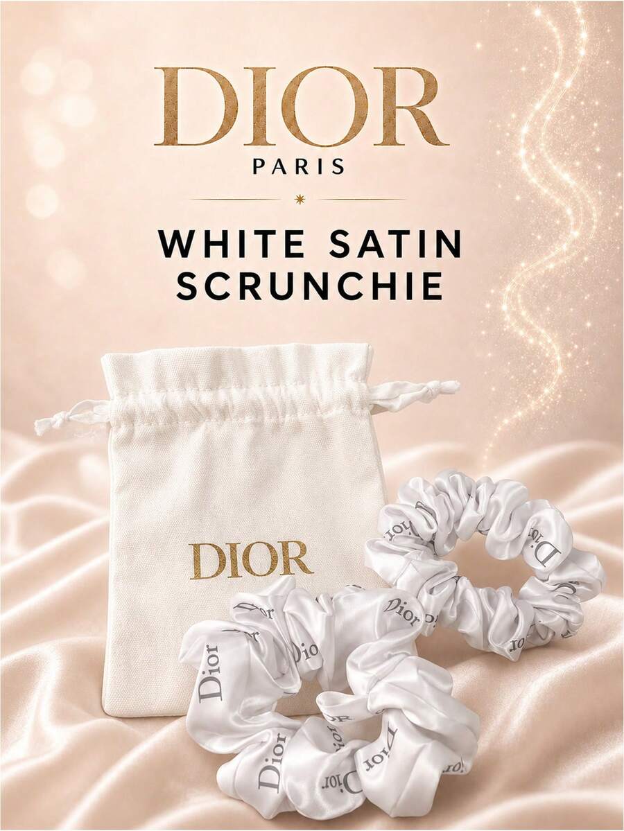 Coletero de satén blanco Dior 10cm/8cm, satén suave con estampado del logotipo de la marca, elástico sin enganches, para peinado diario, caja de regalo incluida