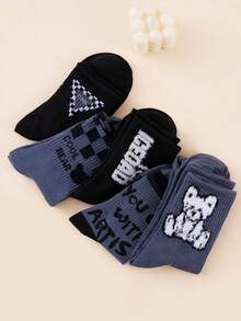 1/5 Pairs Women's Round Neck Socks, Vintage Graffiti Cartoon Plush Bear & Letter Print Socks, Soft & Comfortable Y2K Street Style Socks, All-Season Daily Commute Socks - Multicolor - View 6