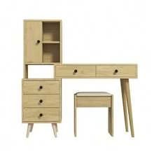 Modern Dressing Table With Mirror And Storage Space; The Mirror Is Retractable. It Features 5 Drawers, A Side Cabinet, And A Beige Upholstered Stool (With A Natural Wood Look). - 卡其色 - 查看 10