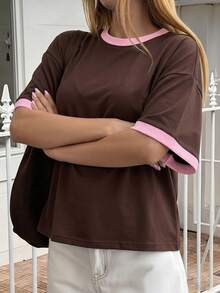 GLAMSKIN 女款夏秋基礎條紋圓領寬鬆短袖T恤，純色極簡休閒上衣，適合返校、外出、街頭穿搭、通勤上班 - 棕色 - 查看 9