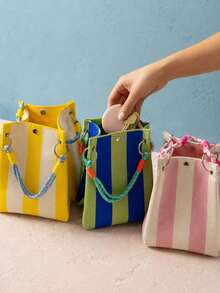Space-Saving Storage & Organization, Vibrant Color Ergonomic Multi-Function Storage Bag, Durable Knitted Striped Tote Bag, Suitable For Fashion Enthusiasts, Convenient For Daily Use, Can Store Small Items And Desktop Accessories, Multi-Function Storage Bag - Multicolor - View 11