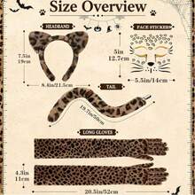 Halloween Animal Costume Accessory Set, Includes Ear Headband And Tail, Leopard Costume Set, Leopard Ear Headband, Leopard Tail, Bowknot, Face Stickers, Suitable For Halloween Role Play - View 7