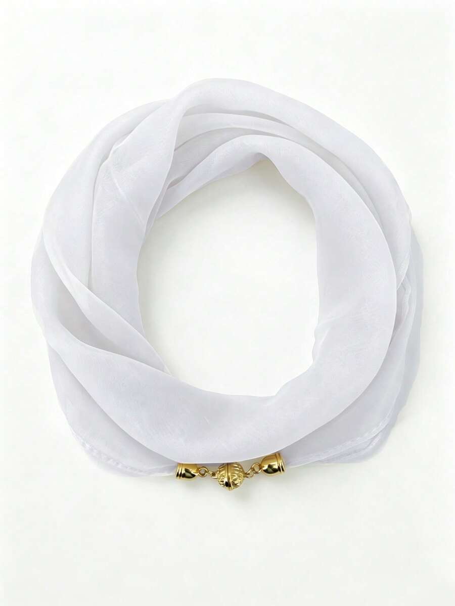 1pc Solid Color Lightweight Sheer Chiffon Scarf With Magnetic Buckle, Translucent Square Neck Scarf, Minimalist Vintage Gold Bead Buckle Slouchy Scarf, Versatile Office Commute Casual Decorative Neck Scarf, Essential Neck Scarf For Young People For Travel And Photography