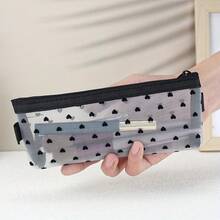1 Stück schwarzes Herz-Muster Großkapazität Federmäppchen, minimalistische Mode Mesh-Herz kleine Tasche Aufbewahrungstasche Make-up Pinsel Lippenstift Stiftetasche - Liebe - Übersicht 6
