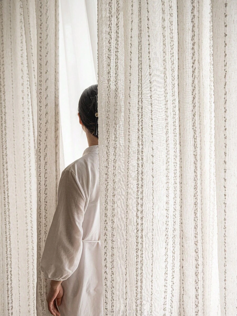 NOSBEI 1PC Rod Pocket Striped Jacquard Woven Curtain, Light Filter Breathable Textured Window Drape, For Bedroom Living Room Balcony - Flower Pattern 1 - View 1