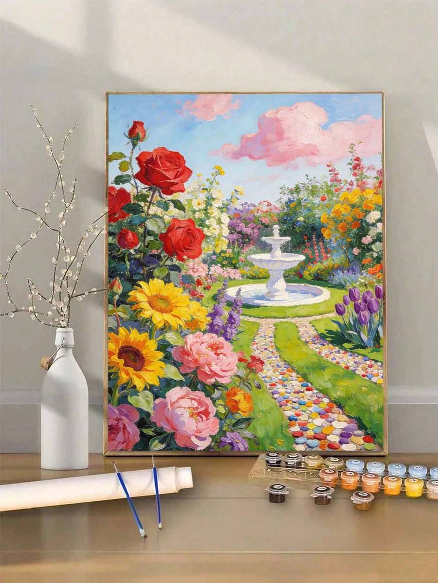 Flower Garden DIY Paint By Numbers Painting Canvas Crafts Adult Home Decoration Rose Sunflower Tulip Fountain Landscape Floral Art 8x12/16x20inch Holiday Gifts Frameless - Sets - View 1