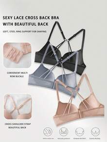 3pcs Soft Jacquard Mesh Lace Bras, Multi-Hook Strong Support Natural Lift Minimalist Elegant Lingerie Set - Multicolor - View 2