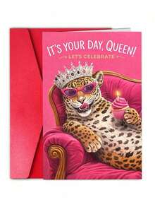 OBOVAY 1pc Cute Commemorative Card Designed Specifically For Women, Suitable For Special Occasions. The Card Features Cute Leopard Print Patterns, Crown, Fashionable Glasses And Other Elements. The Background Of The Card Is A Pink Sofa, Making It Perfect For Use As A Birthday Greeting Card. - A - View 5