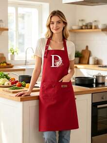 Custom Letter Series Red Background Colorful Letters & Holographic Floral Pattern Cute Printed Apron, Suitable For Parties And Weddings, Peach Skin Fabric, Applicable For Kitchen, Garden, Bathroom, Home Decor - Unique Initial Meaning Style - Multicolor - View 4