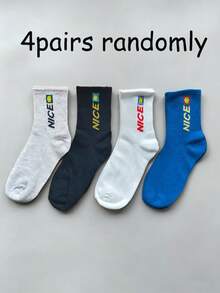 Ins NICE Embroidered Mid-Calf Socks, Unisex Comfortable Breathable, Sports Commute Daily Versatile, 4 Pairs Randomly Shipped - Multicolor - View 10