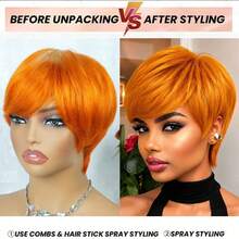 AMECIRE New Short Orange Human Hair Pix Cut Wig With Bang For Women Layered Short Straight Bob Wigs Natural Looking Soft Human Hair Perfect For Daily Wear Party Elegant Wigs - S350 - View 4
