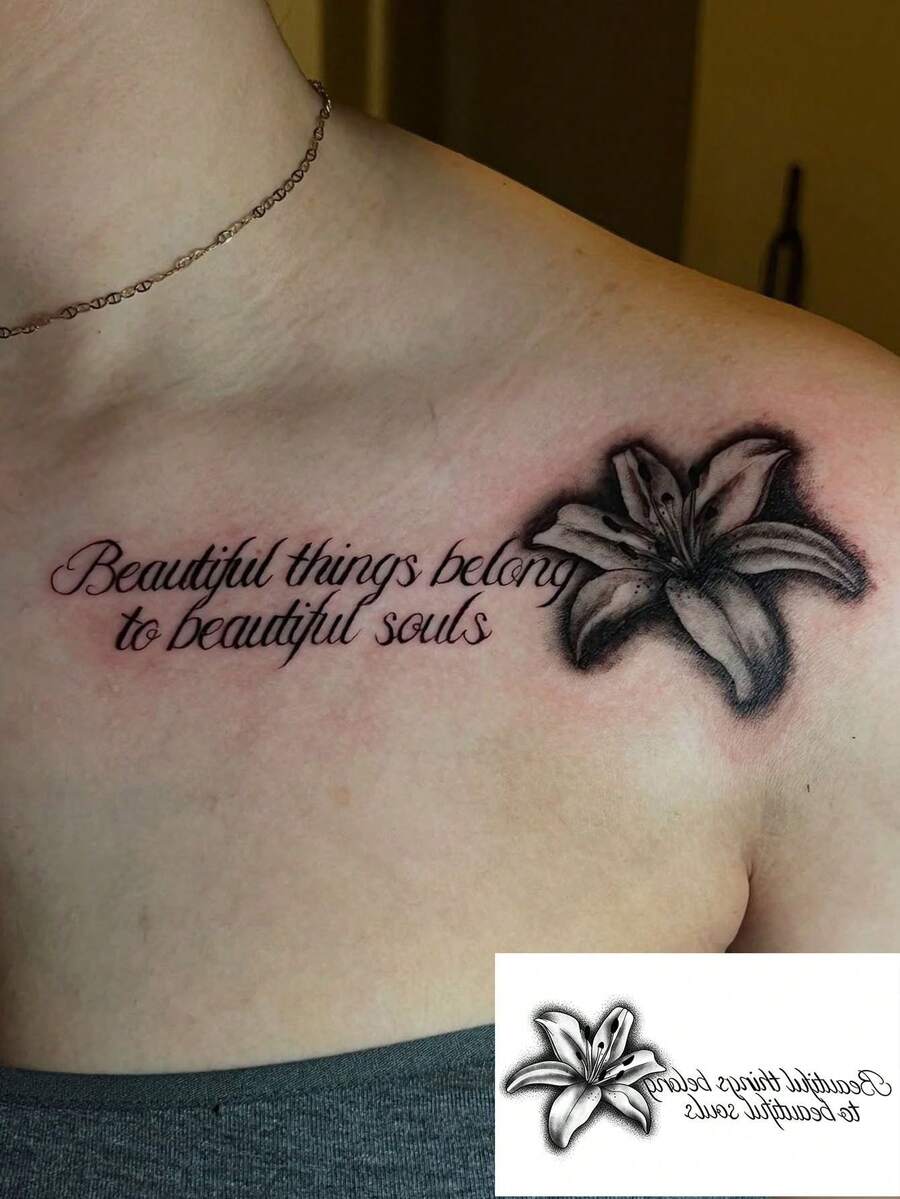1pc Black & Gray Realistic Lily Flower English Text Tattoo Sticker, Gentle Meaningful Short Phrase Lily Flower Pattern, Elegant Temporary Sticker For Women's Collarbone & Shoulder Strap - Multicolor - View 1