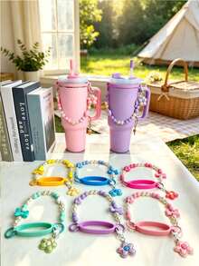 Bow Pearl Beaded Water Bottle Strap Lanyard, Colorful Bead Handheld Cup Chain With Silicone Buckle, Portable Tumbler Cup Handle Accessory, Assorted Macaron Color Choices - Multicolor - View 3