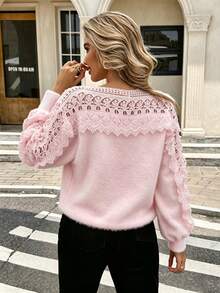 Casual Fashion Commute Daily Autumn/Winter Pure White Hollow Floral Pattern Patchwork Lantern Sleeve Women's Sweater - Pink - View 2