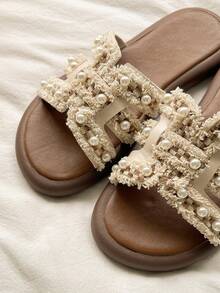 Sandalias planas de perlas francesas 2026, sandalias de playa de moda, zapatillas casuales de moda, boda - Beis - Ver 7