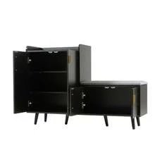 Modern Shoe Bench With Wood Grain, Storage Cabinet, 4 Storage Doors, Asymmetric Metal Handles, - Black and Walnut - View 10